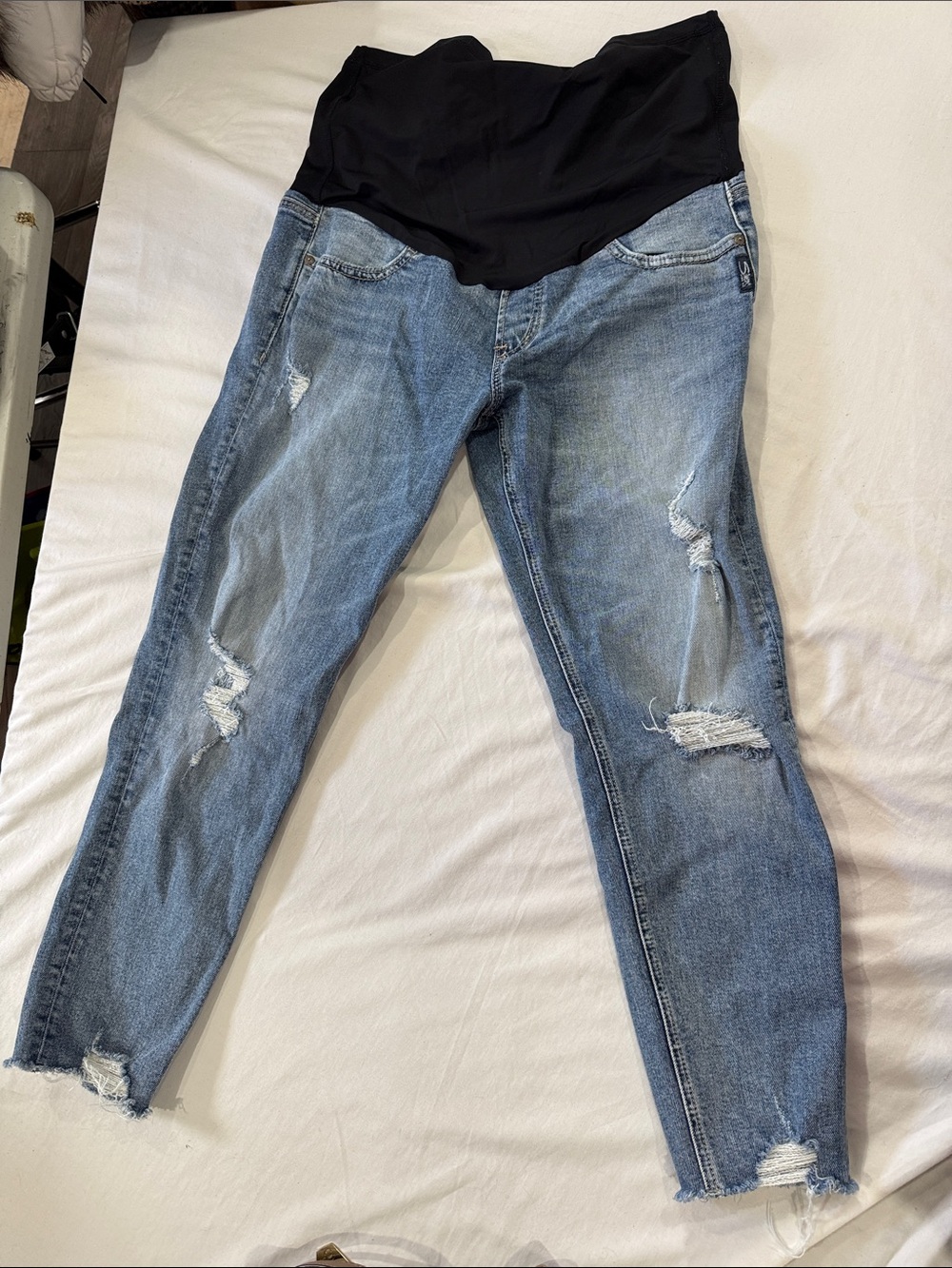 Silver Jeans Light Blue Distressed Maternity Skinny Jeans with Black Waist Panel